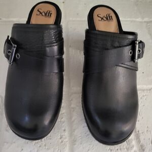 Sofft Black Clogs 9M Slip-on Mules Buckle Leather Shoes Career Comfy